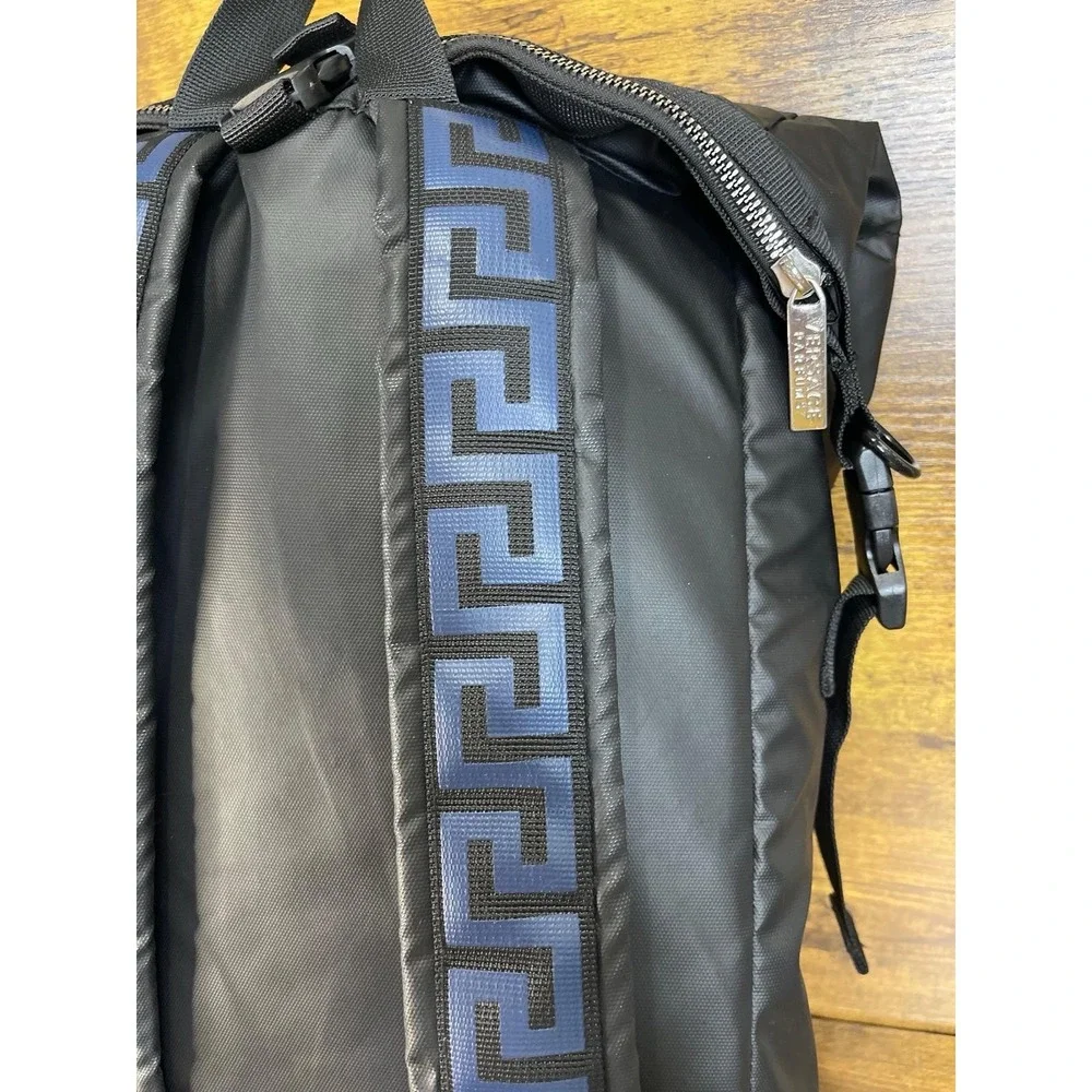 Versace Parfums Black‎ Blue Nylon Roll-Top Backpack Greek Key Straps Promotional